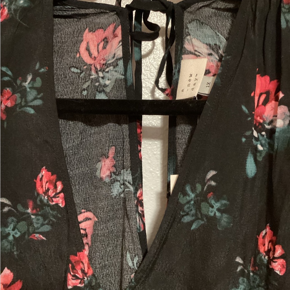 A New Day Floral V-Neck Long Sleeve Black Tiered Dress with Pink Rose Print NWT - Picture 2 of 9